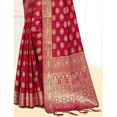 Maroon Floral Woven Cotton Silk Saree With Tassels