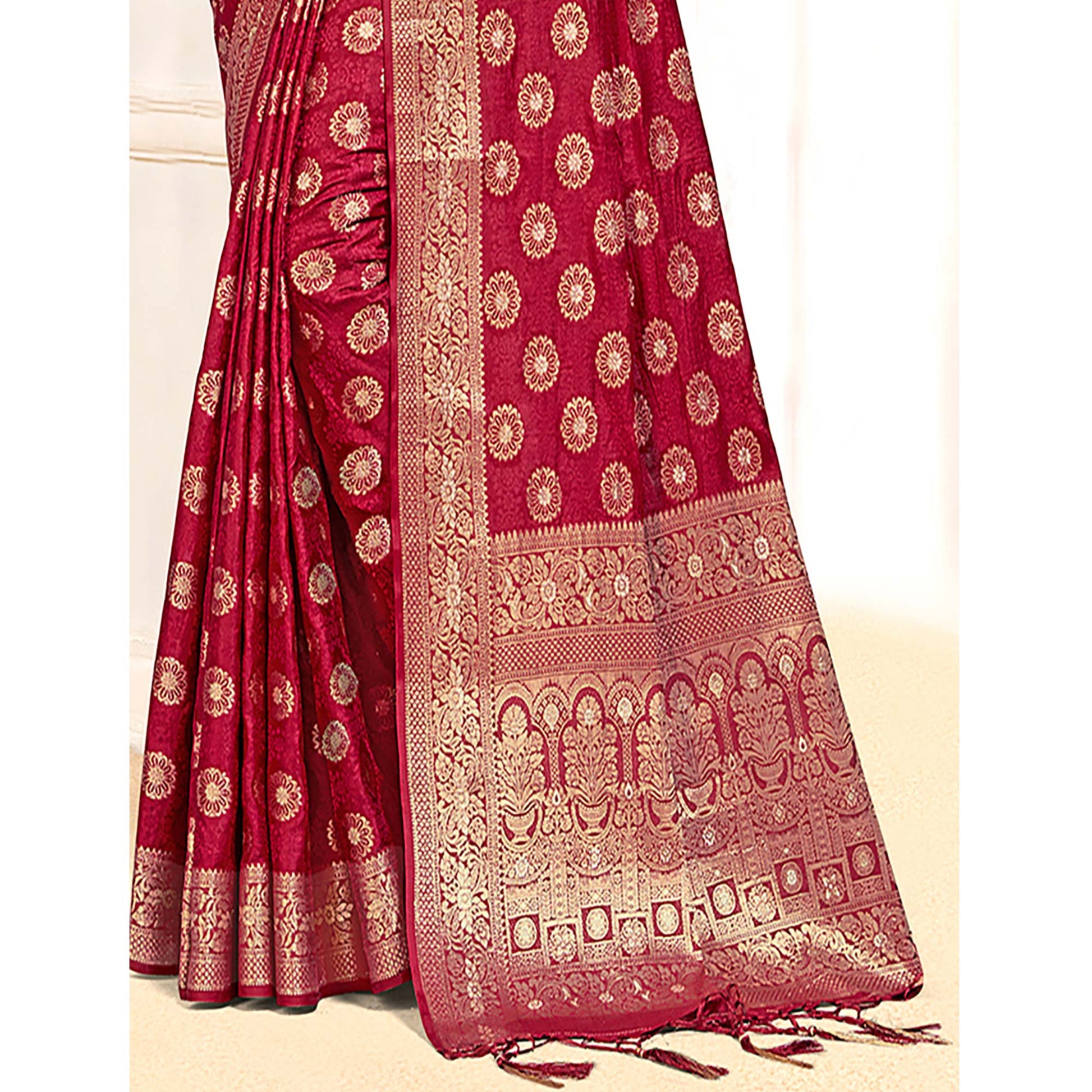 Maroon Floral Woven Cotton Silk Saree With Tassels