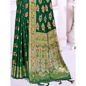 Dark Green Floral Woven Cotton Silk Saree With Tassels