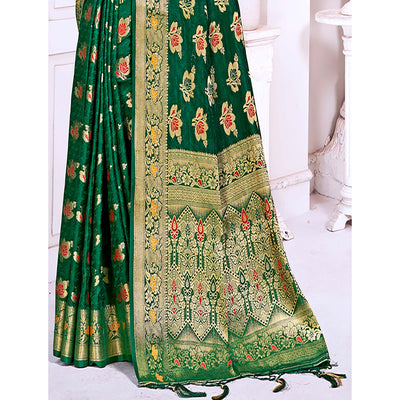 Dark Green Floral Woven Cotton Silk Saree With Tassels