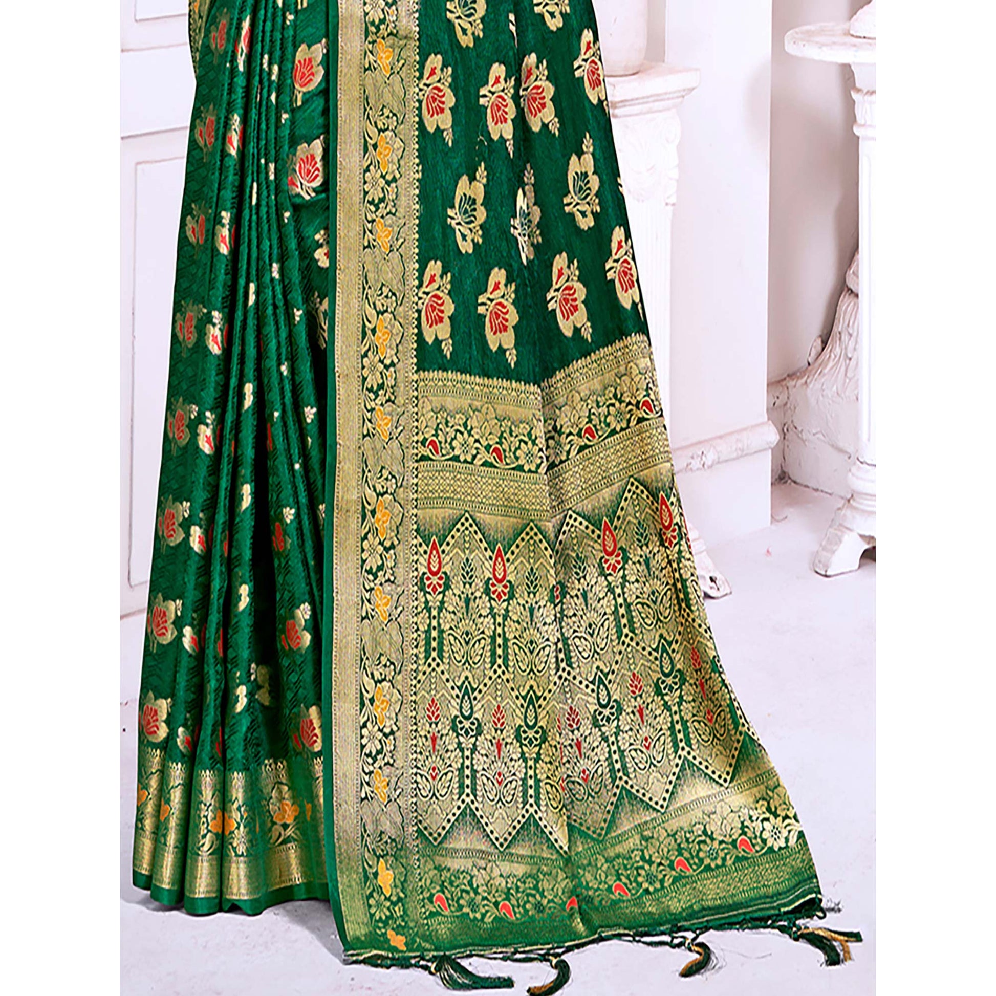 Dark Green Floral Woven Cotton Silk Saree With Tassels