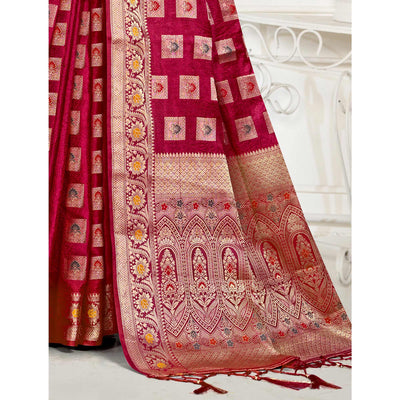 Maroon Floral Woven Cotton Silk Saree With Tassels
