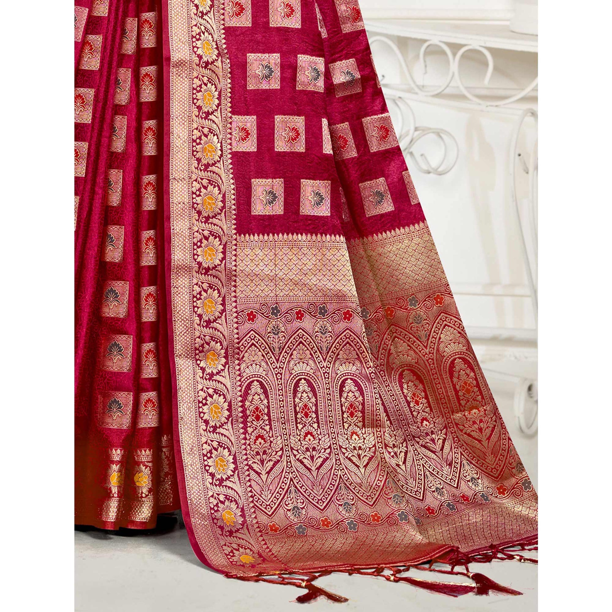 Maroon Floral Woven Cotton Silk Saree With Tassels