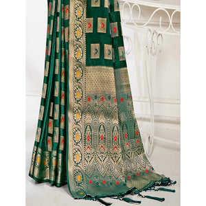 Dark Green Floral Woven Cotton Silk Saree With Tassels