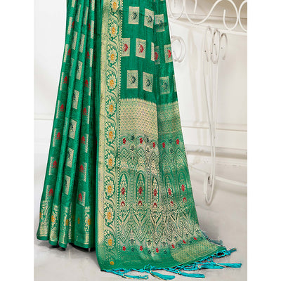 green-floral-woven-cotton-silk-saree-with-tassels-4