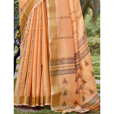 Light Orange Woven Cotton Blend Saree With Tassels
