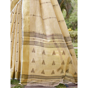 Cream Woven Cotton Blend Saree With Tassels