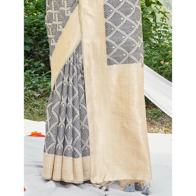 Grey Woven Cotton Silk Saree With Tassels