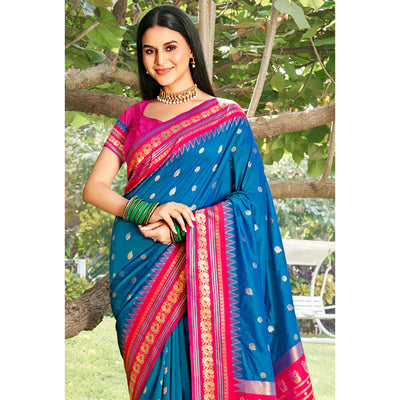 Blue Woven Paithani Banarasi Silk Saree With Tassels