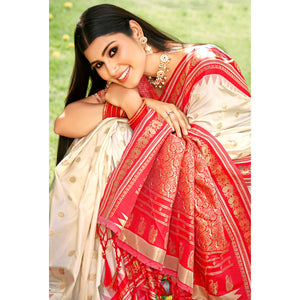 Cream Woven Paithani Banarasi Silk Saree With Tassels