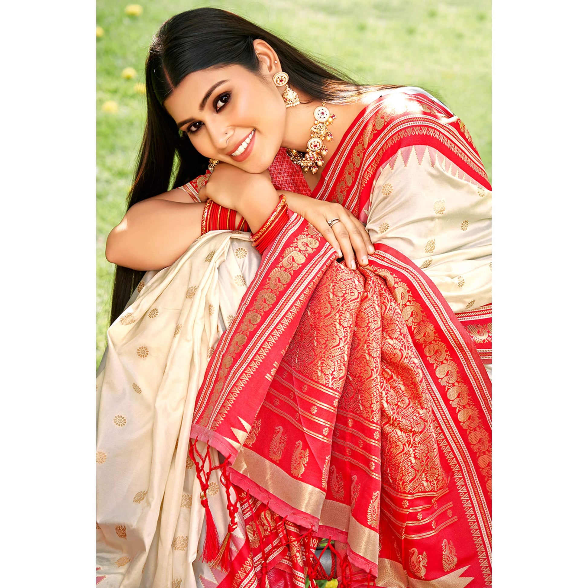 Cream Woven Paithani Banarasi Silk Saree With Tassels