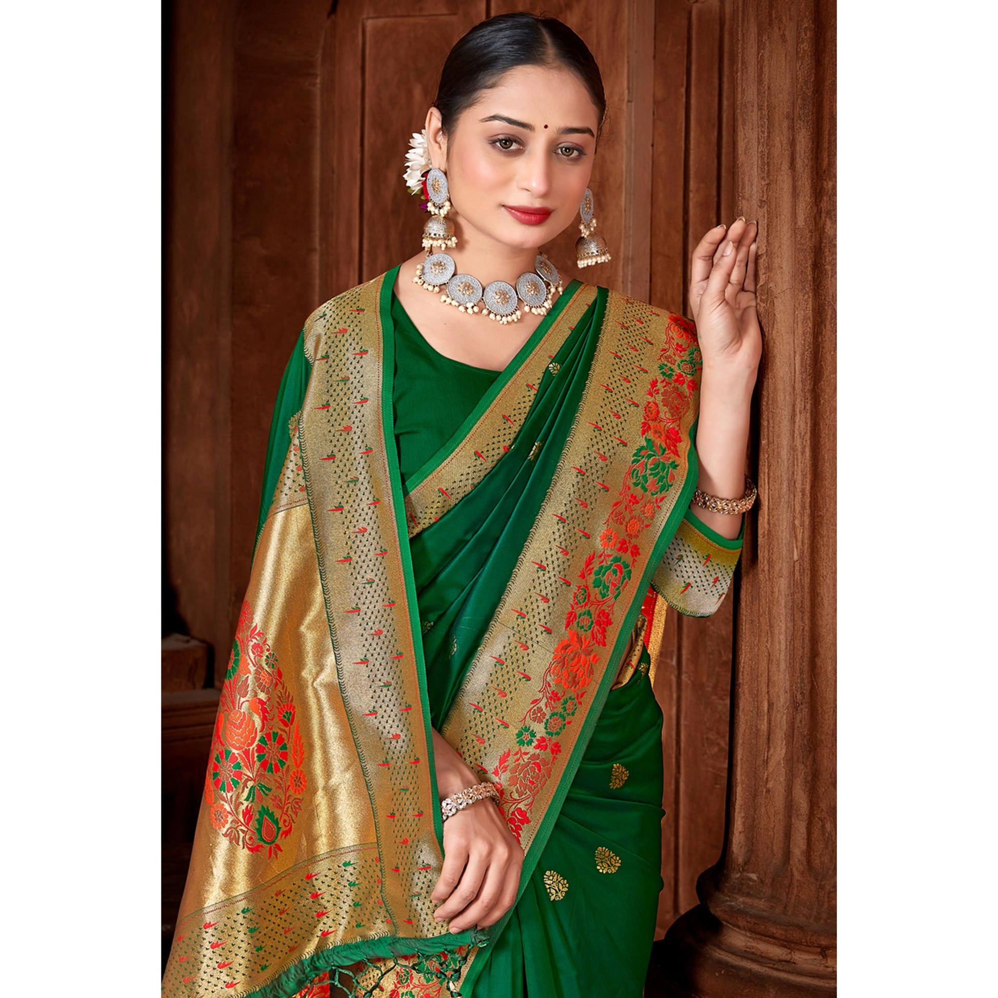 green-woven-paithani-banarasi-silk-saree-with-tassels
