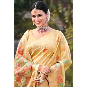 Light Beige Woven Cotton Blend Saree With Tassels