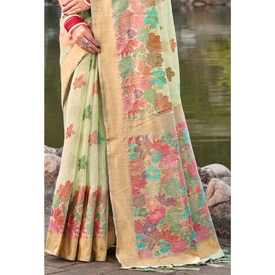 Light Green Woven Cotton Blend Saree With Tassels