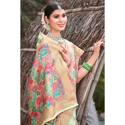 green-woven-cotton-blend-saree-with-tassels-1