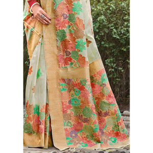 Light Green Woven Cotton Blend Saree With Tassels