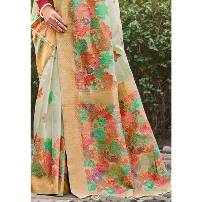 Light Green Woven Cotton Blend Saree With Tassels