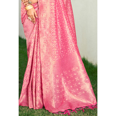 Light Pink Floral Woven Cotton Blend Saree With Tassels