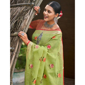 green-floral-embroidered-linen-saree-with-tassels-2