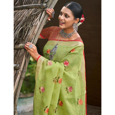 green-floral-embroidered-linen-saree-with-tassels-2