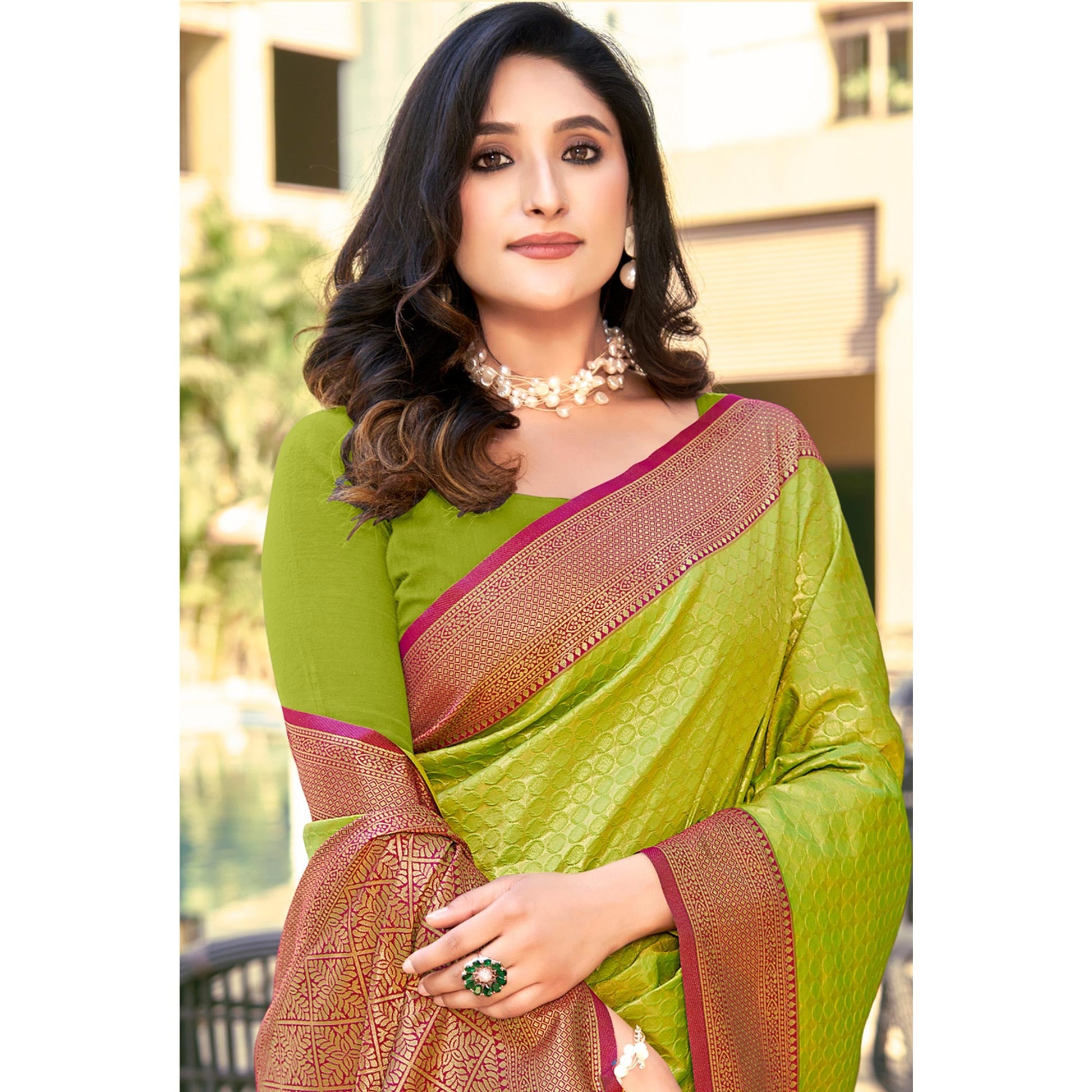 Light Green Woven Banarasi Silk Saree With Tassels