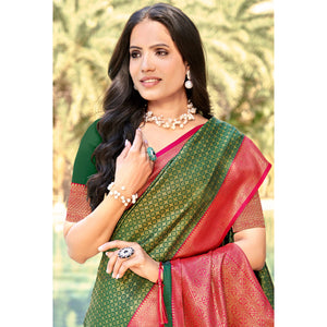 Mehendi Green Woven Banarasi Silk Saree With Tassels