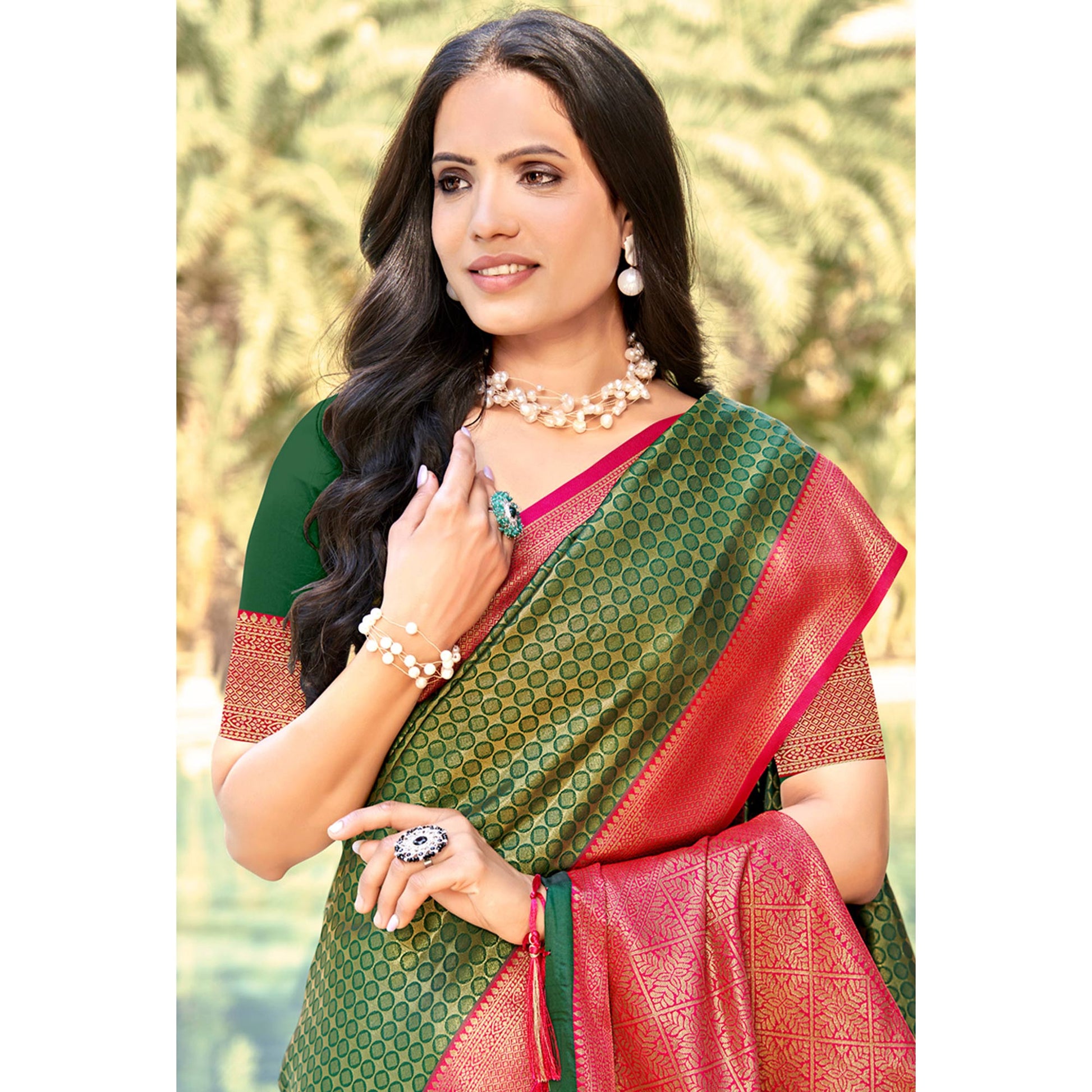 Mehendi Green Woven Banarasi Silk Saree With Tassels