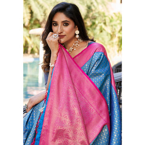Blue Woven Banarasi Silk Saree With Tassels