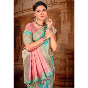 Blue Woven Linen Saree With Tassels