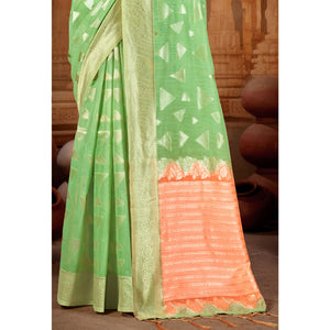 green-woven-linen-saree-with-tassels-1