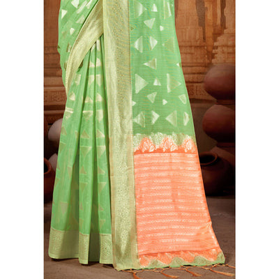 green-woven-linen-saree-with-tassels-1