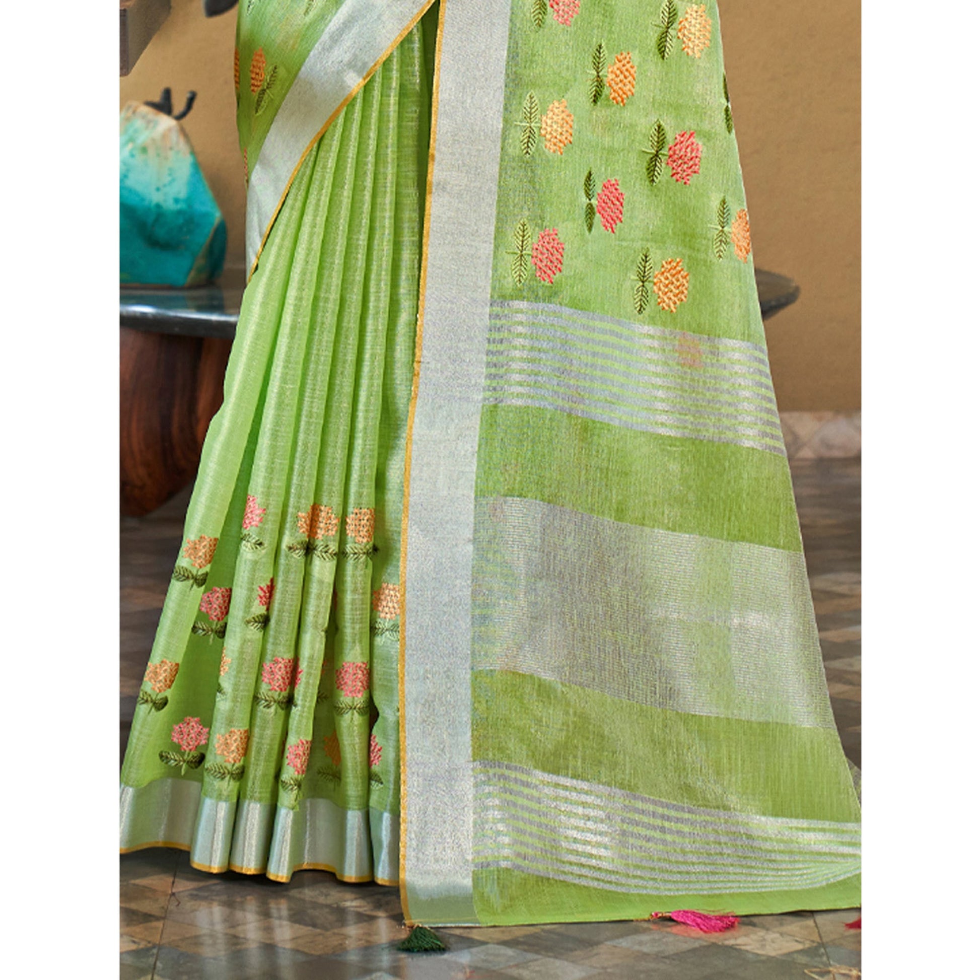 green-floral-embroidered-linen-saree-with-tassels-3