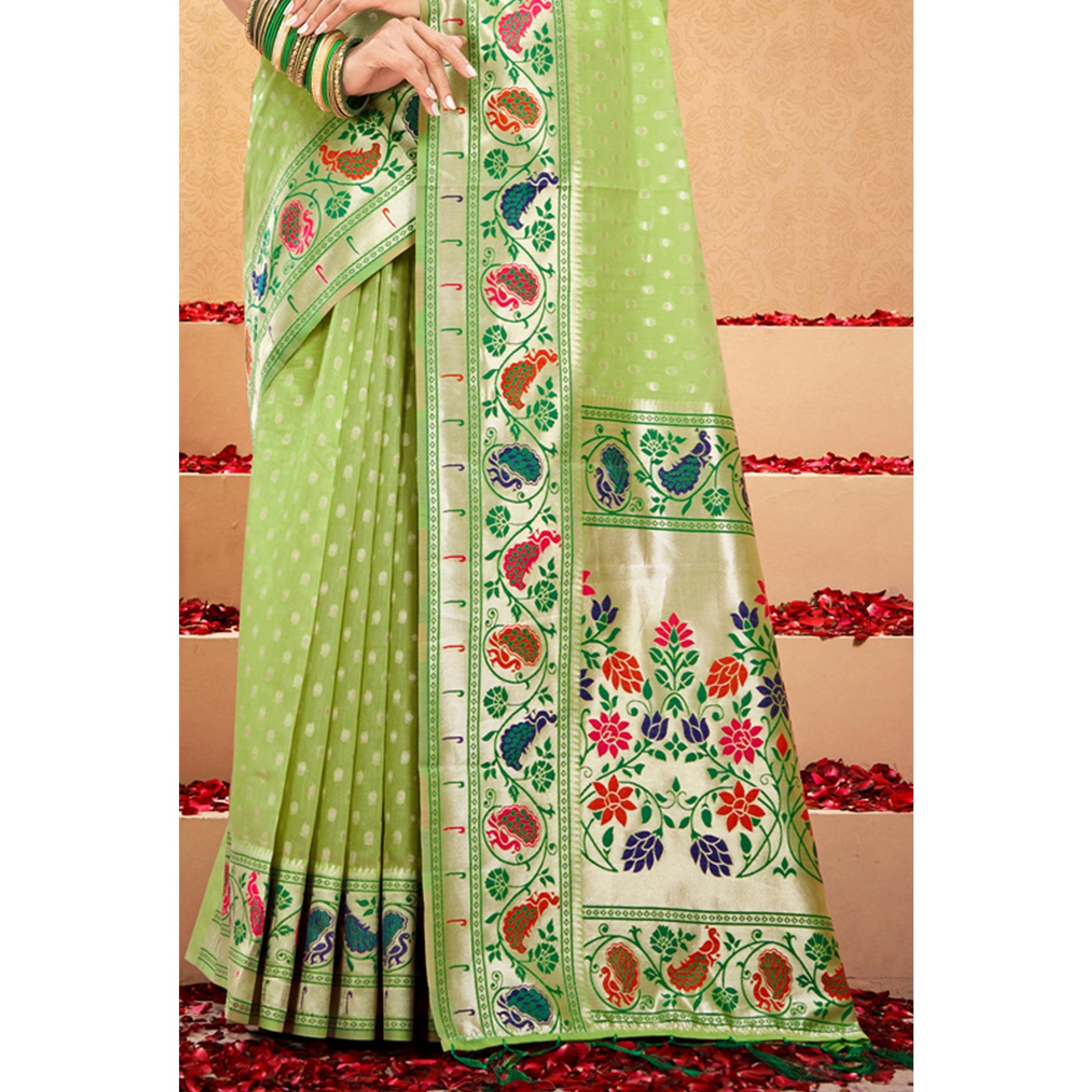 green-floral-woven-cotton-blend-saree-with-tassels-1