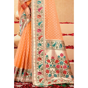 Light Orange Floral Woven Cotton Blend Saree With Tassels