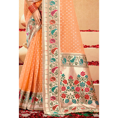 Light Orange Floral Woven Cotton Blend Saree With Tassels