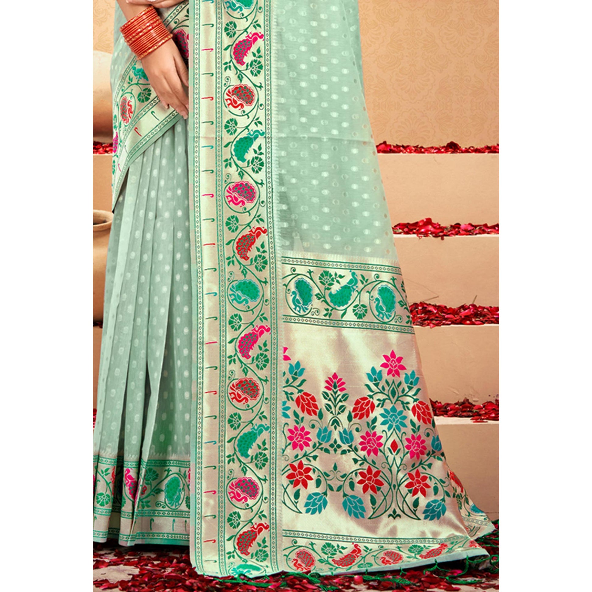 green-floral-woven-cotton-blend-saree-with-tassels
