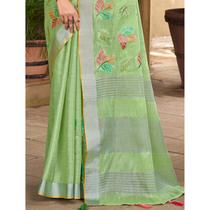 green-floral-embroidered-linen-saree-with-tassels