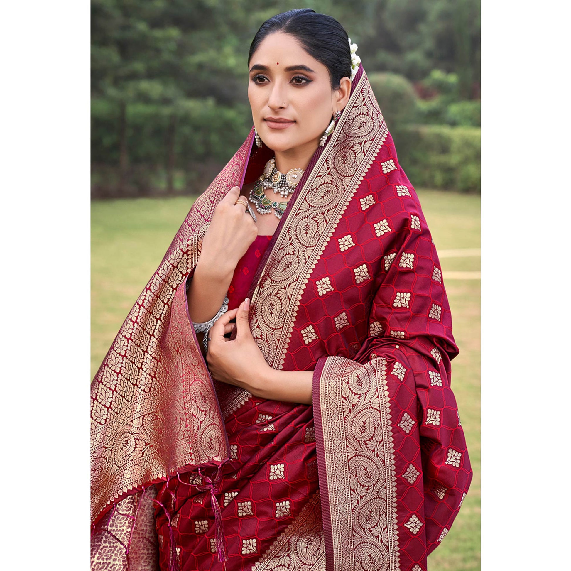 Maroon Floral Woven Kanjivaram Silk Saree With Tassels