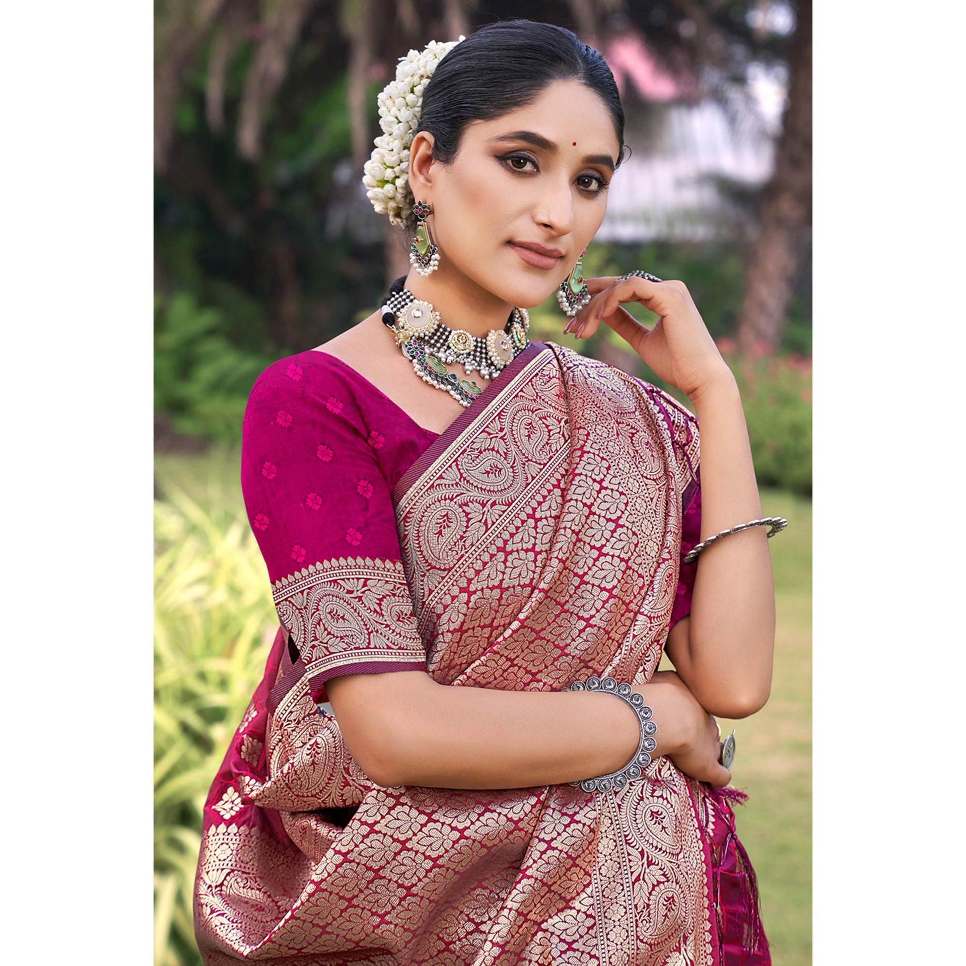 Magenta Floral Woven Kanjivaram Silk Saree With Tassels