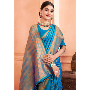 Blue Woven Banarasi Silk Saree With Tassels