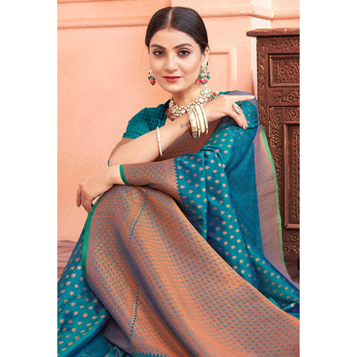 Blue Woven Banarasi Silk Saree With Tassels