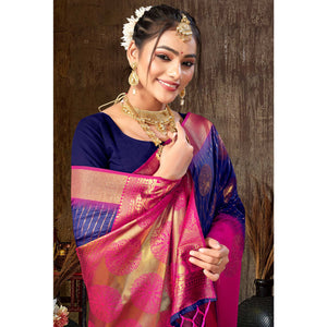 Blue Woven Banarasi Silk Saree With Tassels