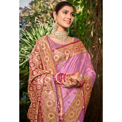 Light Pink Woven Satin Silk Saree With Tassels