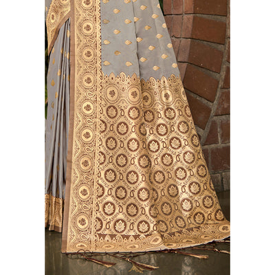 Grey Woven Satin Silk Saree With Tassels