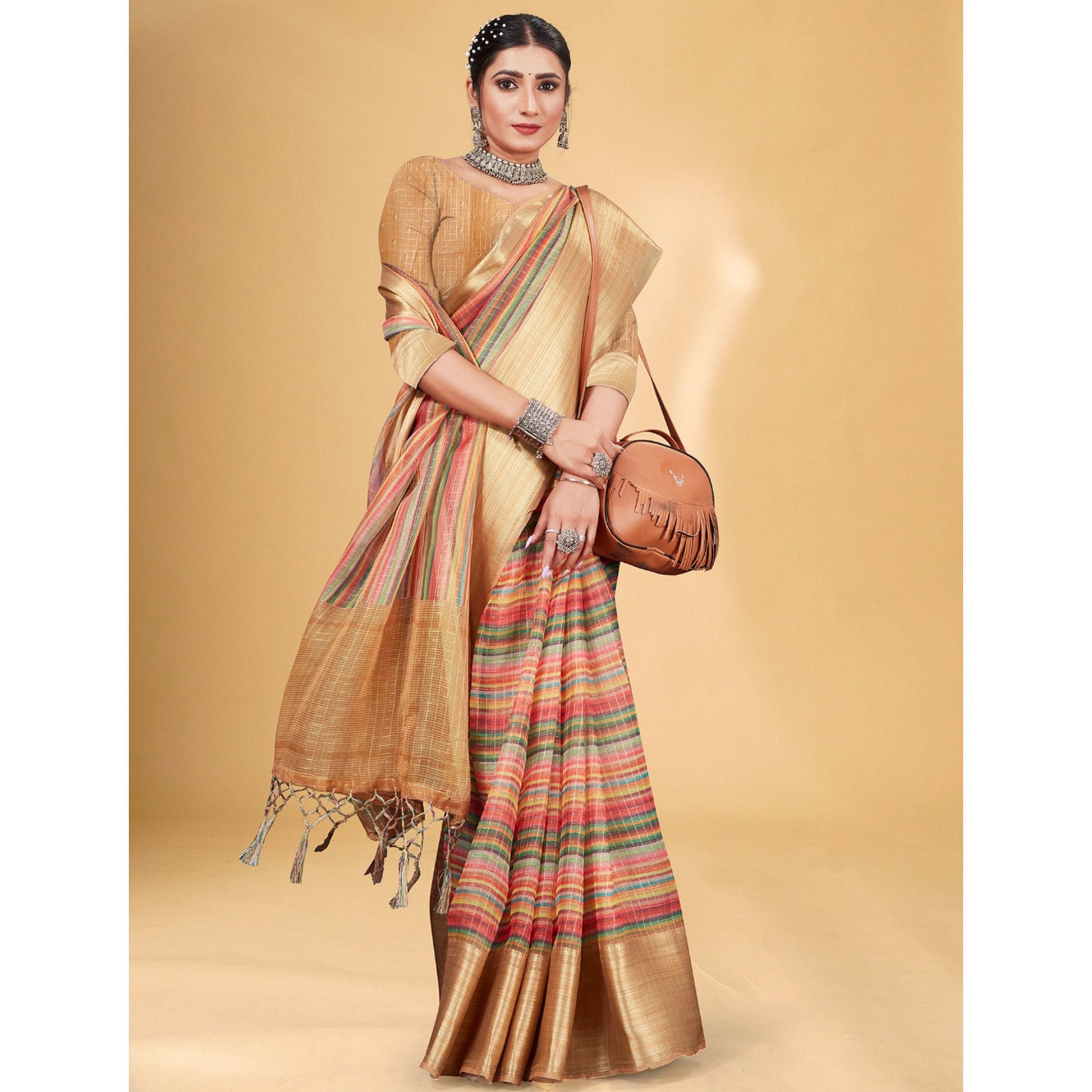 Multicolor Checks Woven Bhagalpuri Silk Saree With Tassels