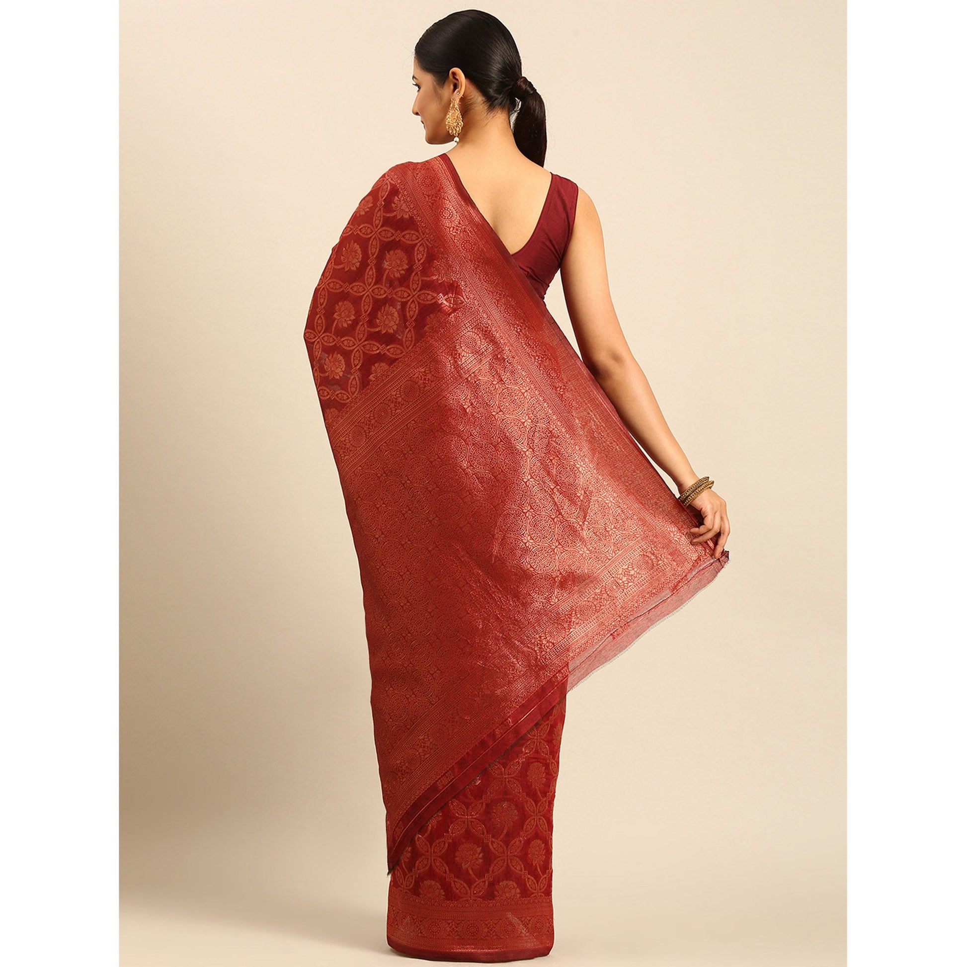 Maroon Floral Woven Cotton Silk Saree