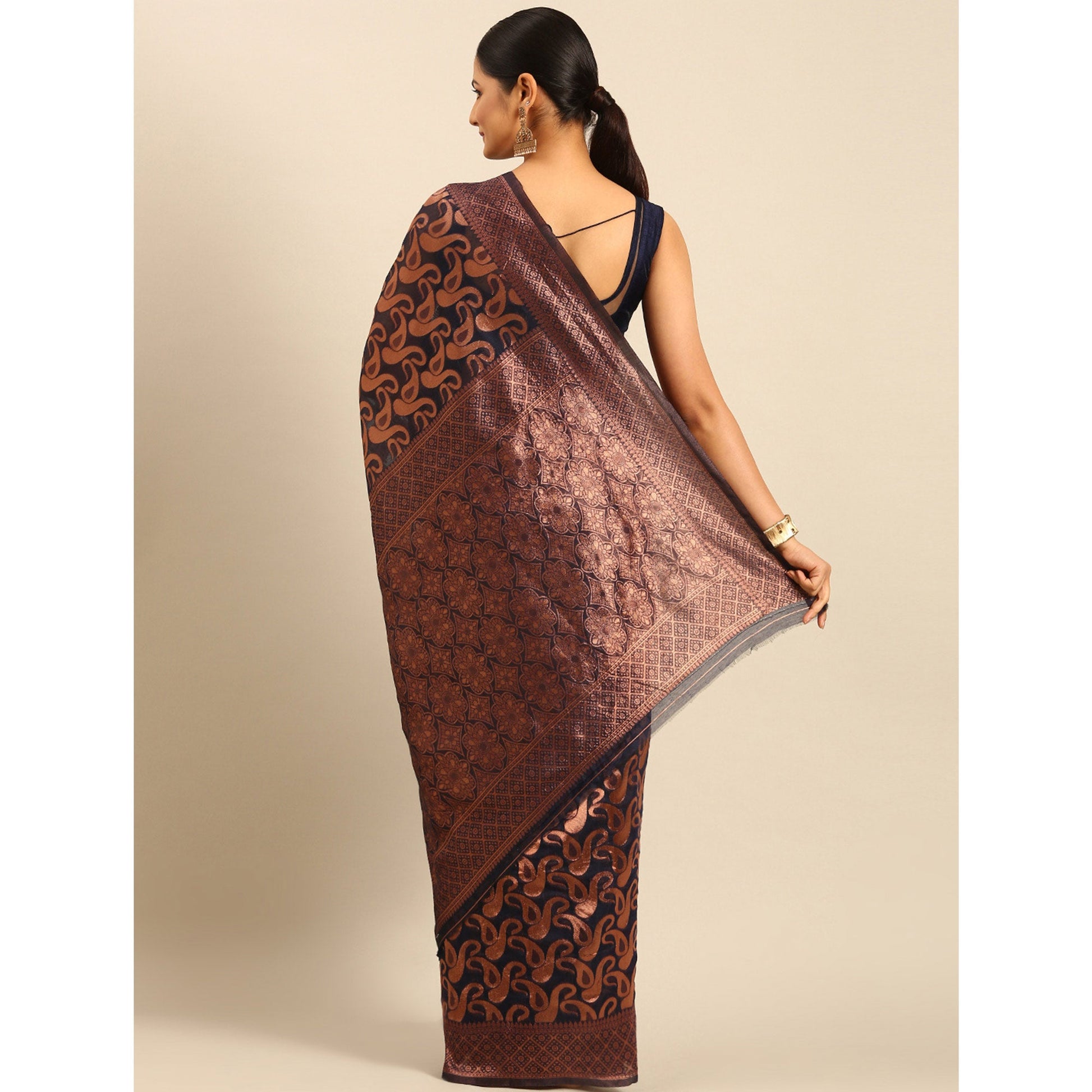 Dark Navy Blue Floral Woven Cotton Silk Saree