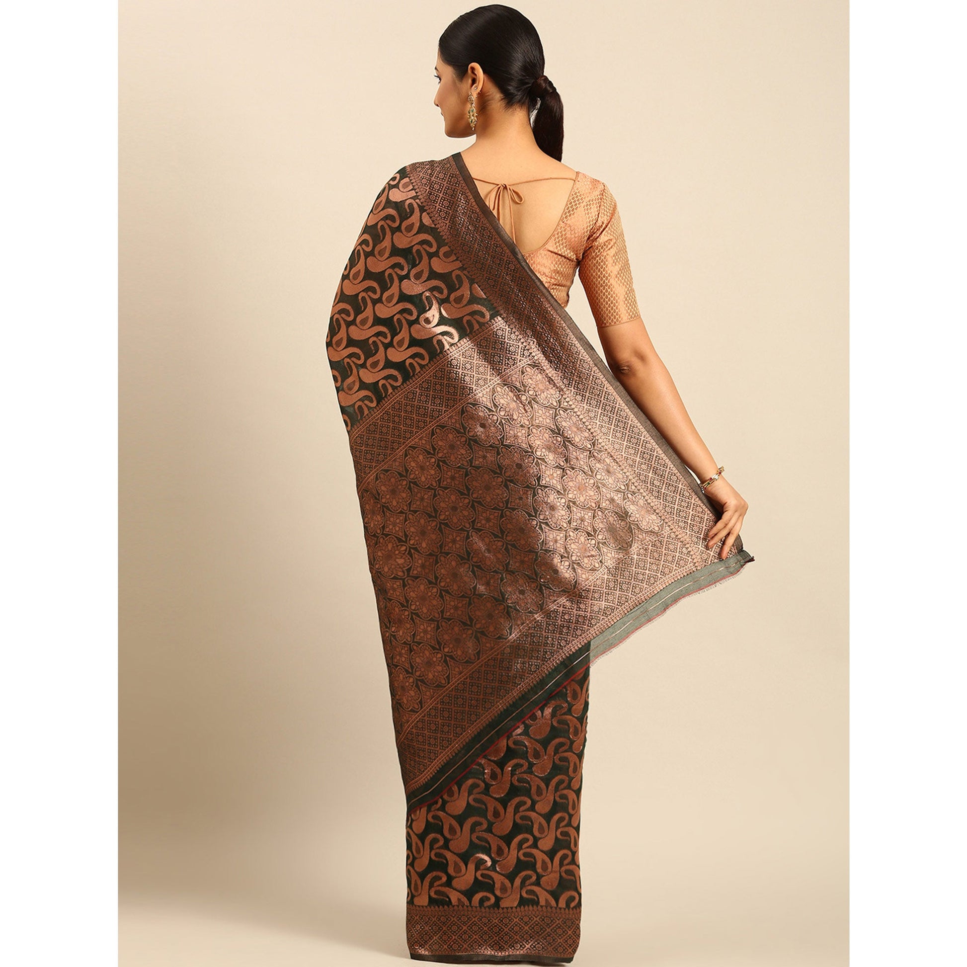 Bottle Green Floral Woven Cotton Silk Saree