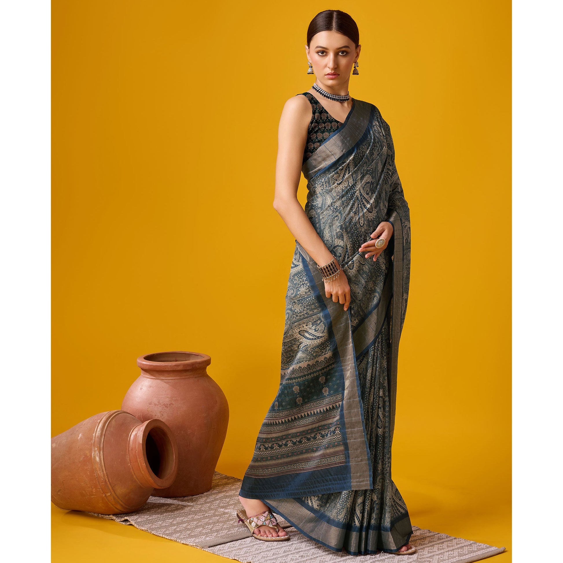 Bluish Grey Digital Printed Cotton Silk Saree