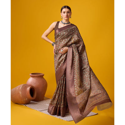 Brown Digital Printed Cotton Silk Saree With Border